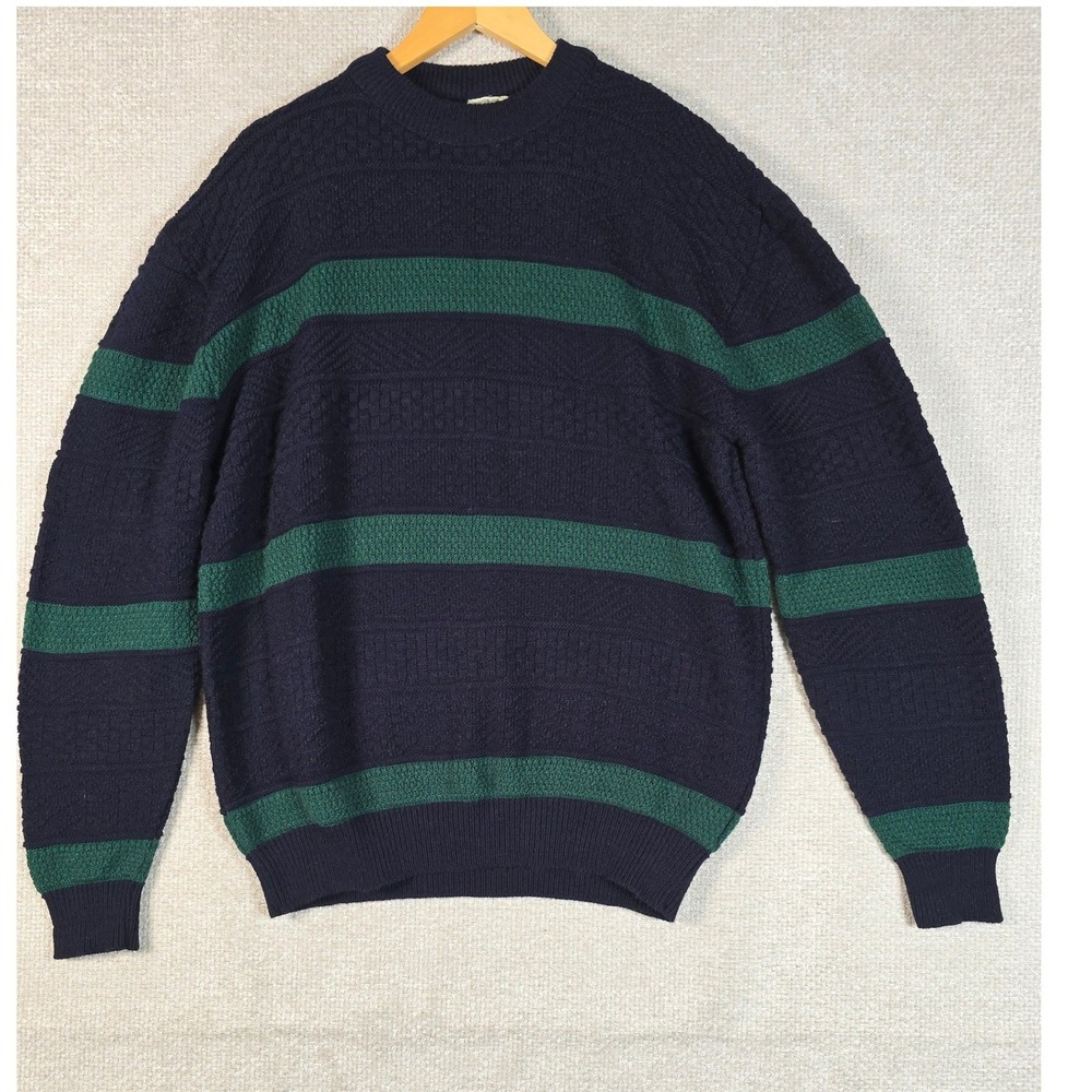 Vintage Flatiron Mills Mens L Navy Green Striped Textured Knit Sweater Turkey